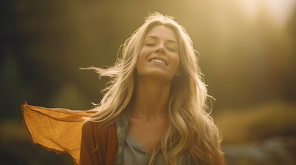 female pure emotions of happiness. A rich portrait of a really happy woman. Women's happiness in simple things.