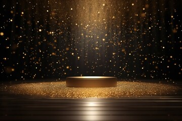 Golden confetti rain on festive stage with light beam in the middle, empty room mockup with copy space for award ceremony Generative AI - obrazy, fototapety, plakaty