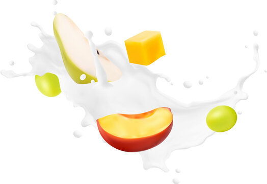 White yogurt drink, milk swirl and wave splash with tropical fruits, peach or pear slices, mango dice and grapes berries. Isolated 3d vector mix of fresh fruity delight captured in motion mid-air