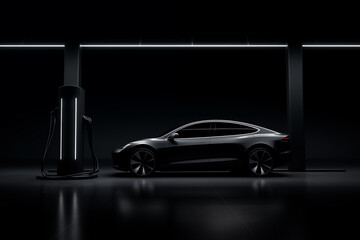 Black electric car with a charging station in the dark. - obrazy, fototapety, plakaty