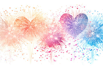 Set of pictures of fireworks at night, celebration, heart shape, happiness, festival, illustration, white background, colorful, Generative AI