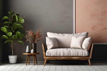Create a haven of calmness with a soft color single sofa chair, adorned with a delightful little plant, and a blank empty white frame against a serene and simple solid wall.