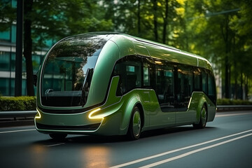 Green bus powered by clean carbon neutral energy... - obrazy, fototapety, plakaty