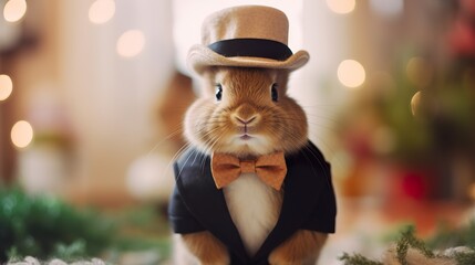 A rabbit in a costume for the spring holidays. Color background for advertising.