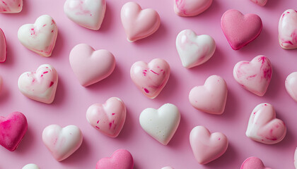 Pastel heart shaped chocolate pralines on pink background