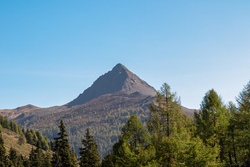 Scenic view of steep mountain peak Col Quaterna near Nemes Alm (Rifugio Malga Nemes) in Carnic...
