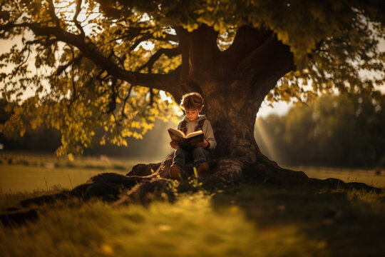 child reads a book under a large tree. Education, family concept.