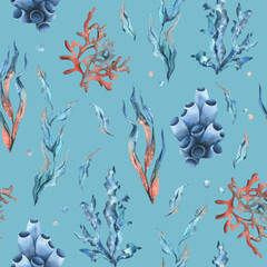 Fototapeta na wymiar Underwater world clipart with sea animals, bubbles, coral and algae. Hand drawn watercolor illustration. Seamless pattern on a blue background.