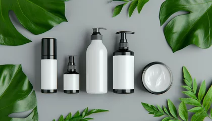 Fotobehang Cosmetic set of blank label bottles for packaging mockups of cream, serum, conditioner, perfume on gray background with green leaves, Organic natural cosmetic products © mh.desing