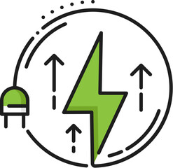 Green energy consumption, clean power line icon. Alternative energy industry, green power station or electricity ecological production thin line vector icon with green lightning, electricity plug