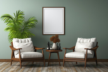 Create a tranquil space with two chairs, a table, and a delightful little plant, against a simple solid wall featuring a blank empty white frame for your personalized touch.