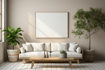 Create a visual sanctuary for your ideas. Envision a simple living room mockup with an empty frame, offering a tranquil backdrop for your creative expressions in a minimalist setting.