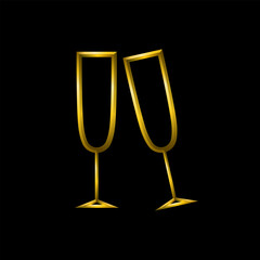 Champagne glasses, golden metallic thin 3d lines vector illustration collection.
