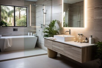 Fototapeta na wymiar Bathroom interior with bathtub and large windows
