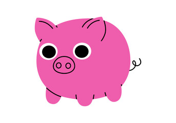 Hand drawn cute cartoon illustration of pig. Flat vector farm mammal animal in colored doodle style. Funny character icon or print. Piglet pet mascot. Isolated on white background.