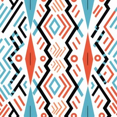 Obraz premium Aztec boho seamless pattern in tribal style. Ethnic geometric background with colorful lines and shapes. Traditional print design for textile, banner, wallpaper, fashion, home decor 