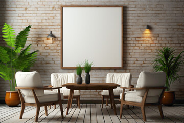 Create an inviting space with two elegantly simple chairs and a table against a solid wall, featuring a blank empty white frame for your personalized text.