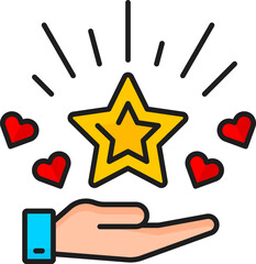 Brand recognition. SEM. Search engine marketing. Search engine marketing campaign analysis or social media ads performance online service outline vector icon, SEM pictogram with star in human hand