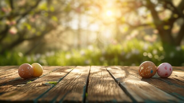 empty table top with blur background of easter eggs, Advertisement, Print media, copy space, for word, template