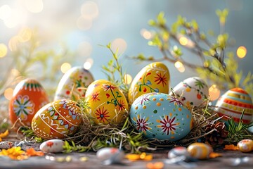 Easter Eggs in Bright Colorful Flowers and Grass
