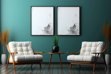 Cultivate a tranquil ambiance with two simple chairs and a table against a solid wall, featuring a blank empty white frame perfect for your unique text.