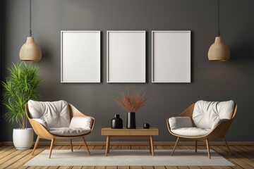 Cultivate a minimalist atmosphere with two chairs and a table against a solid wall, featuring a blank empty white frame perfect for your unique text.