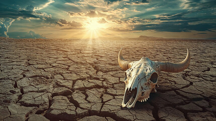 Climate change and water scarcity warning scene - bone-dry landscape with large bull skull placed in foreground. The skull is positioned on dirt field, surrounded by barren and arid environment. - obrazy, fototapety, plakaty