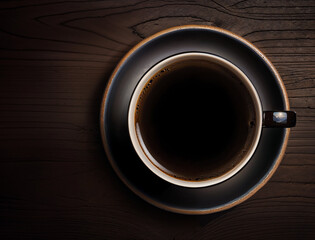 Coffee cup on wooden table. Top view
