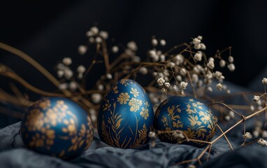 Beautifully hand-painted Easter eggs with gold color with flowers in the background on dark wall.