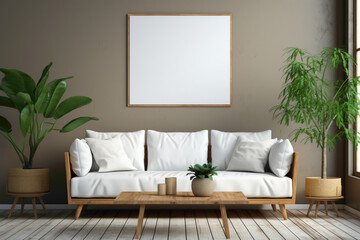 Elevate your living space with the beauty of simplicity. See an empty frame in a simple living room mockup, offering a versatile canvas for your artistic expression.
