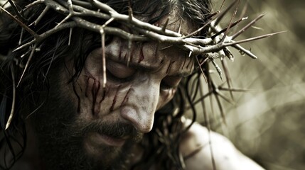 Generative AI, Jesus Christ in crown of thorns, photo close up - obrazy, fototapety, plakaty