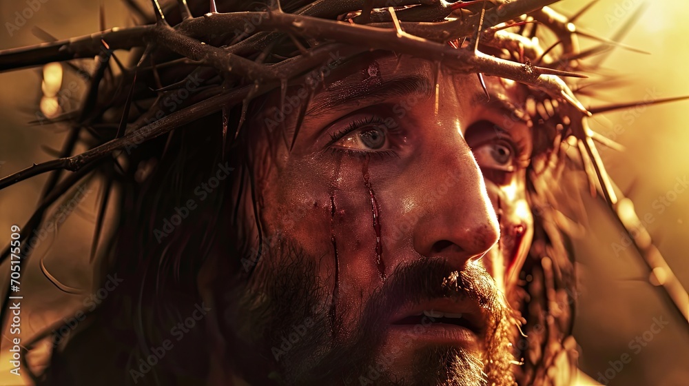 Wall mural Generative AI, Jesus Christ in crown of thorns, photo close up - Wall murals