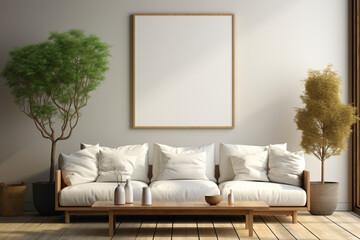 Elevate your living space with a touch of your personality. Envision an empty frame in a simple living room mockup.