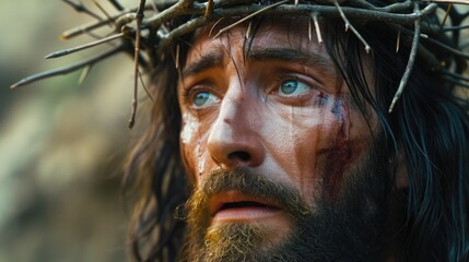 Generative AI, Jesus Christ in crown of thorns, photo close up - obrazy, fototapety, plakaty
