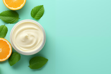 Overhead view of a jar of vitamin C face cream on a mint blue background and sliced oranges, the presence of sliced citrus fruits symbolizes the presence of a large amount of vitamin C in the cream.