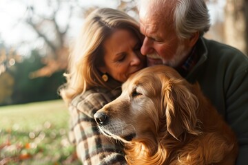 an attractive middle-aged couple hugs their old dog - obrazy, fototapety, plakaty