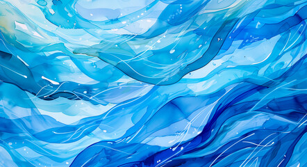 Magical fairytale ocean waves background. Unique blue and yellow wavy swirls of magic water. Fairytale navy, turquoise aqua sea waves. Children’s book waves kids nursery cartoon illustration by Vita - obrazy, fototapety, plakaty