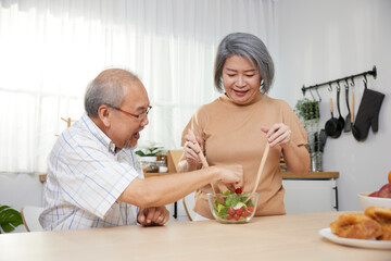 senior couple enjoy cooking and eating salad in the kitchen
