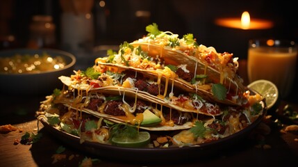 Close-Up of a Stack of Tacos with Melted Cheese

