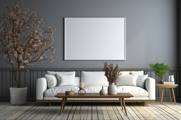 Envision a cozy living room adorned with a white sofa and a complementary table, set against an empty blank frame, creating a space for your text.