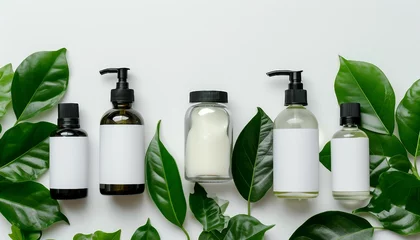 Poster Cosmetic set of blank label bottles for packaging mockups of cream, serum, conditioner, perfume on white background with green leaves, Organic natural cosmetic products © mh.desing