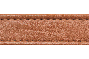 Brown leather belt strap. Closeup isolated on white. Cutout object fashion. Thread seam line. Waist belt casual clothing. Sew pattern.