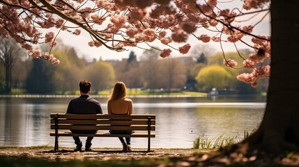 couple enjoying the springtime on a sunny day by the lake sitting and watching the water - Powered by Adobe