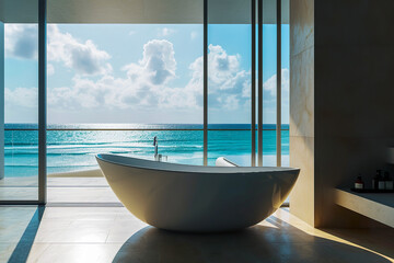 Generative AI illustration of luxury bathroom with bathtub and window