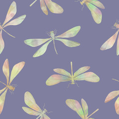 Fototapeta na wymiar delicate watercolor dragonflies on a purple background for wallpaper design, seamless pattern