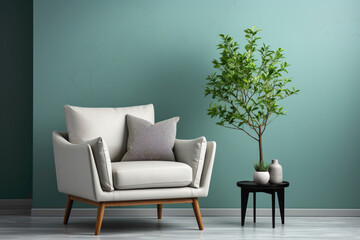 Experience the essence of relaxation with a gentle color single sofa chair, paired with a charming little plant, and a blank empty white frame on a solid, unembellished wall.
