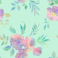 Fototapeta na wymiar seamless floral pattern, pattern of watercolor peony and rosehip flowers on a green background