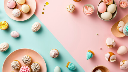 Easter sweets on pink and turquoise background. Colorful cream cakes and sweets in the shape of Easter eggs. Conceptual symbols of Easter. Copy space.