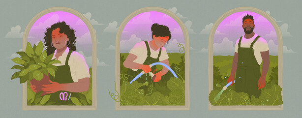 garden center workers and farmers watering crops and holding potted plants in an outdoor field horizontal editorial illustration