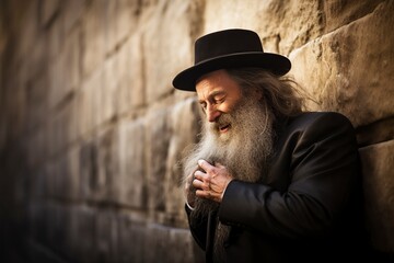 Orthodox Jew with a kippah praying at the Western Wall